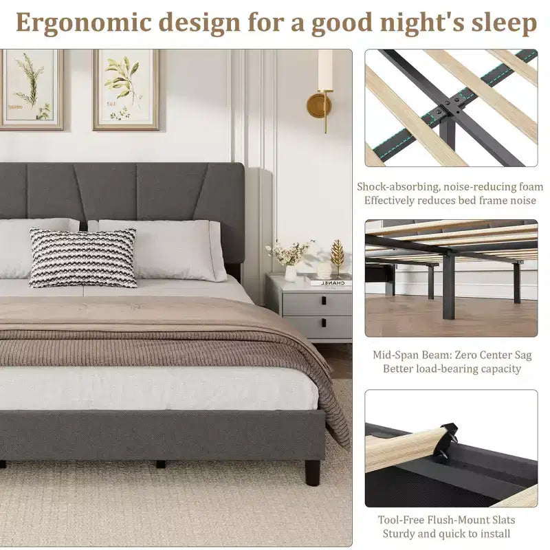 Cadre de lit plateforme avec tête de lit en tissu et support à lattes en bois, base de matelas entièrement rembourrée/aucun sommier tapissier requis