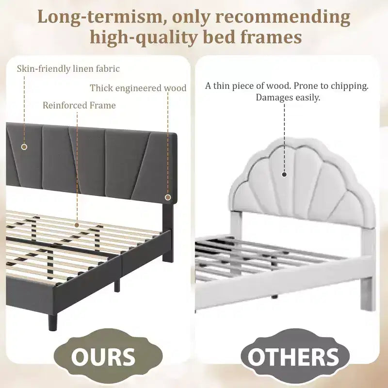 Cadre de lit plateforme avec tête de lit en tissu et support à lattes en bois, base de matelas entièrement rembourrée/aucun sommier tapissier requis