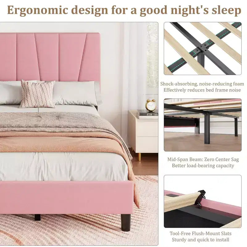 Cadre de lit plateforme avec tête de lit en tissu et support à lattes en bois, base de matelas entièrement rembourrée/aucun sommier tapissier requis