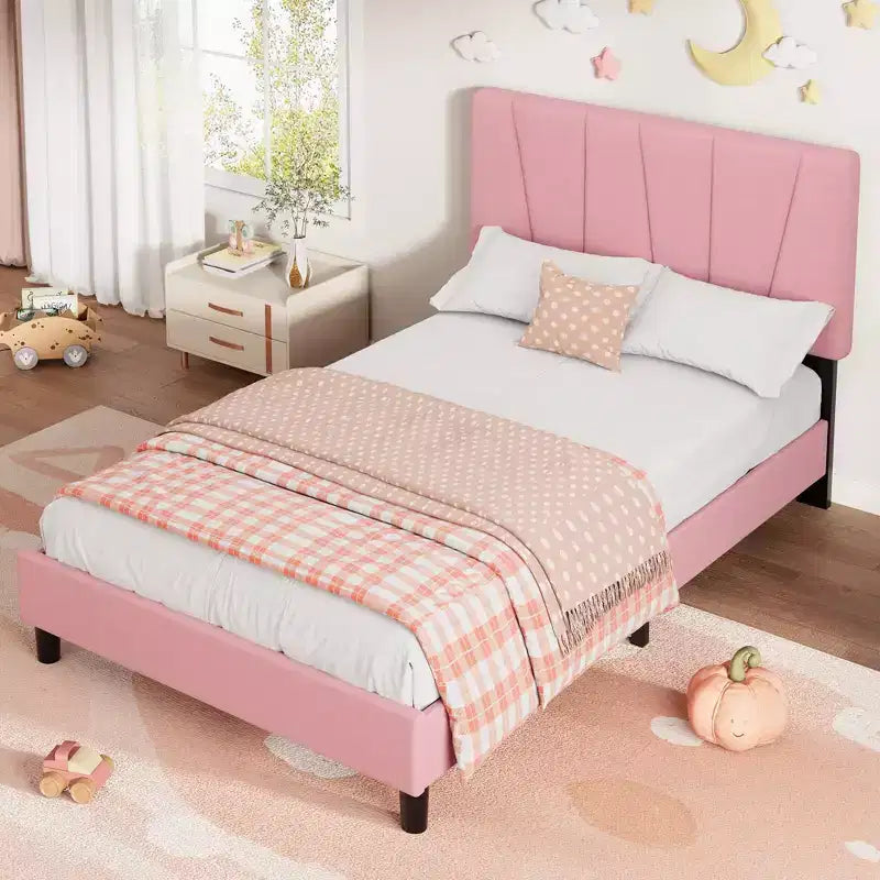 Cadre de lit plateforme avec tête de lit en tissu et support à lattes en bois, base de matelas entièrement rembourrée/aucun sommier tapissier requis