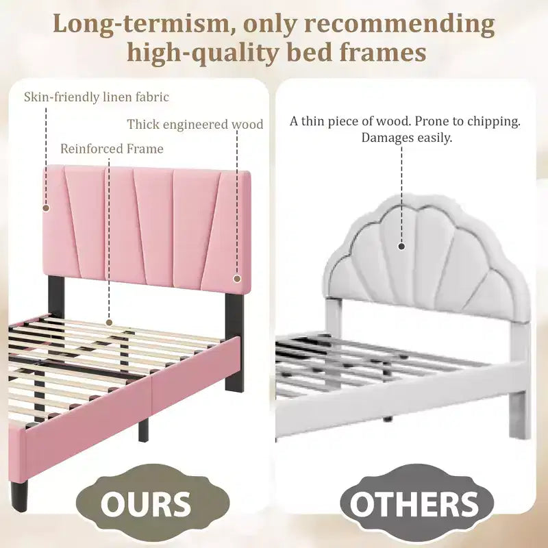 Cadre de lit plateforme avec tête de lit en tissu et support à lattes en bois, base de matelas entièrement rembourrée/aucun sommier tapissier requis