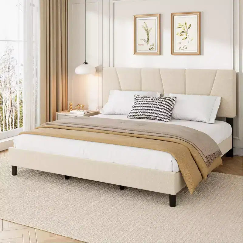 Cadre de lit plateforme avec tête de lit en tissu et support à lattes en bois, base de matelas entièrement rembourrée/aucun sommier tapissier requis