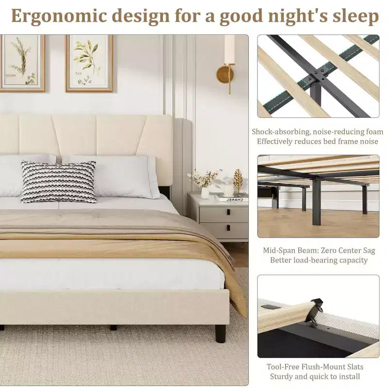 Cadre de lit plateforme avec tête de lit en tissu et support à lattes en bois, base de matelas entièrement rembourrée/aucun sommier tapissier requis