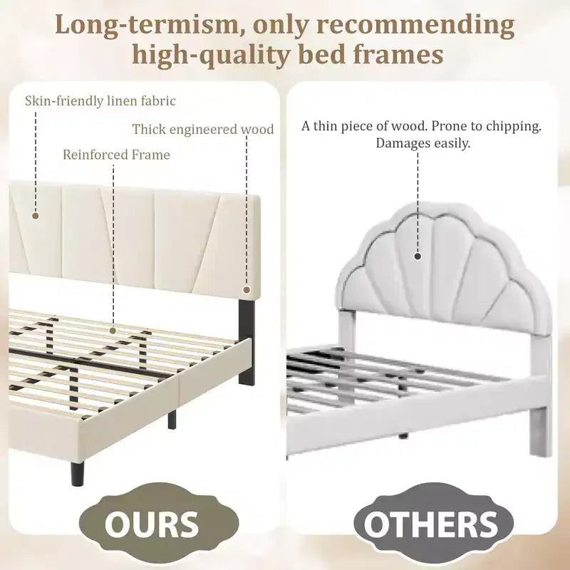 Cadre de lit plateforme avec tête de lit en tissu et support à lattes en bois, base de matelas entièrement rembourrée/aucun sommier tapissier requis