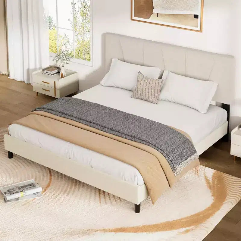 Cadre de lit plateforme avec tête de lit en tissu et support à lattes en bois, base de matelas entièrement rembourrée/aucun sommier tapissier requis