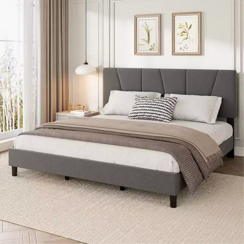 Cadre de lit plateforme avec tête de lit en tissu et support à lattes en bois, base de matelas entièrement rembourrée/aucun sommier tapissier requis