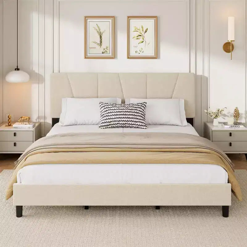 Platform Bed Frame with Fabric Upholstered Headboard and Wooden Slats Support, Fully Upholstered Mattress Foundation/No Box Spring Needed
