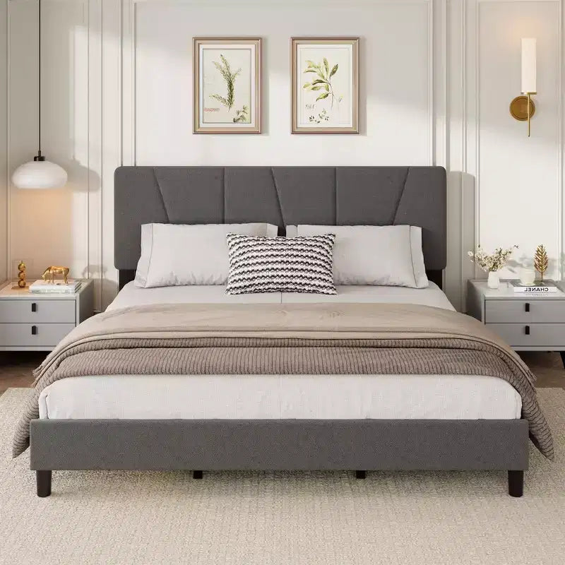 Cadre de lit plateforme avec tête de lit en tissu et support à lattes en bois, base de matelas entièrement rembourrée/aucun sommier tapissier requis