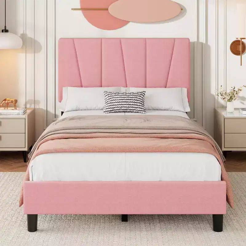 Cadre de lit plateforme avec tête de lit en tissu et support à lattes en bois, base de matelas entièrement rembourrée/aucun sommier tapissier requis