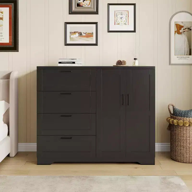 COZONY Multifunctional Wooden Dresser, 43.3 H 2-Door Wardrobe with 4 Drawers & Hanging Rod for Bedroom