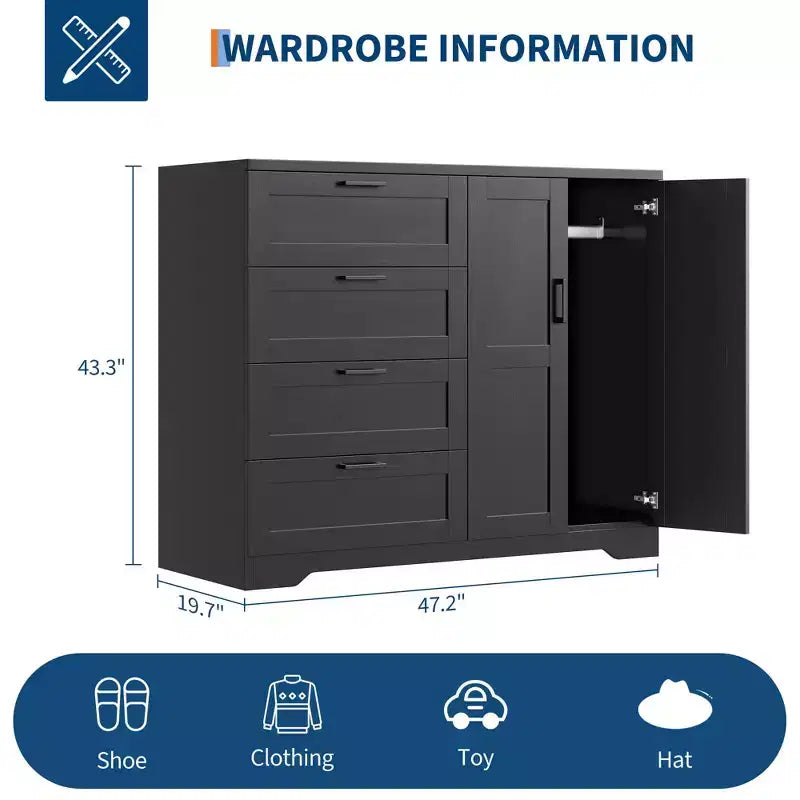 Commode en bois multifonctionnelle, Armoire 2 portes de 110 cm de hauteur avec 4 tiroirs et tringle à suspendre pour chambre à coucher