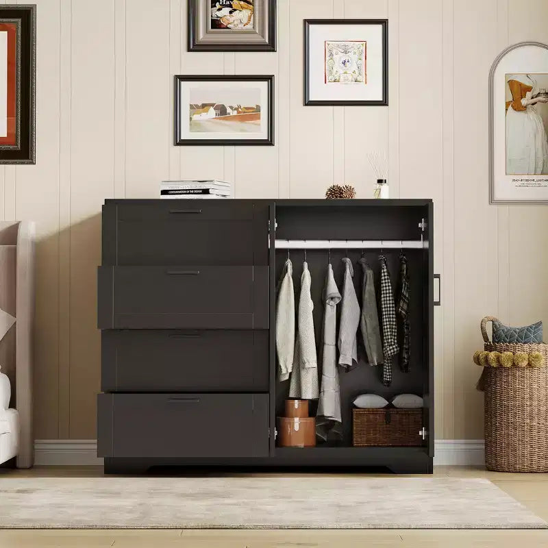 Commode en bois multifonctionnelle, Armoire 2 portes de 110 cm de hauteur avec 4 tiroirs et tringle à suspendre pour chambre à coucher