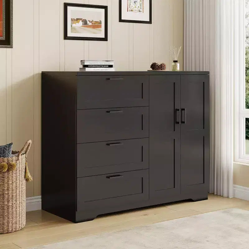 Commode en bois multifonctionnelle, Armoire 2 portes de 110 cm de hauteur avec 4 tiroirs et tringle à suspendre pour chambre à coucher