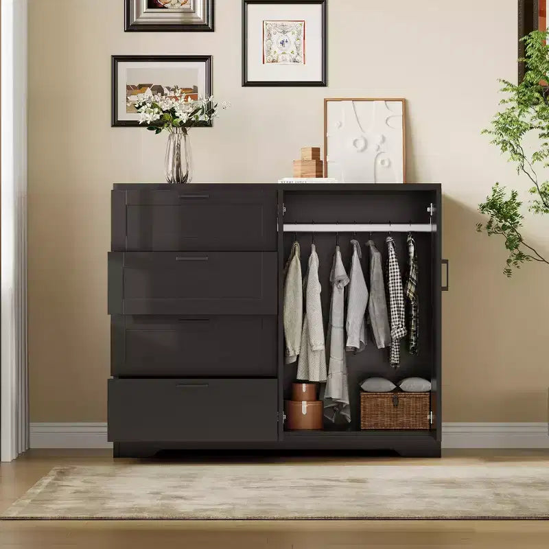 Commode en bois multifonctionnelle, Armoire 2 portes de 110 cm de hauteur avec 4 tiroirs et tringle à suspendre pour chambre à coucher