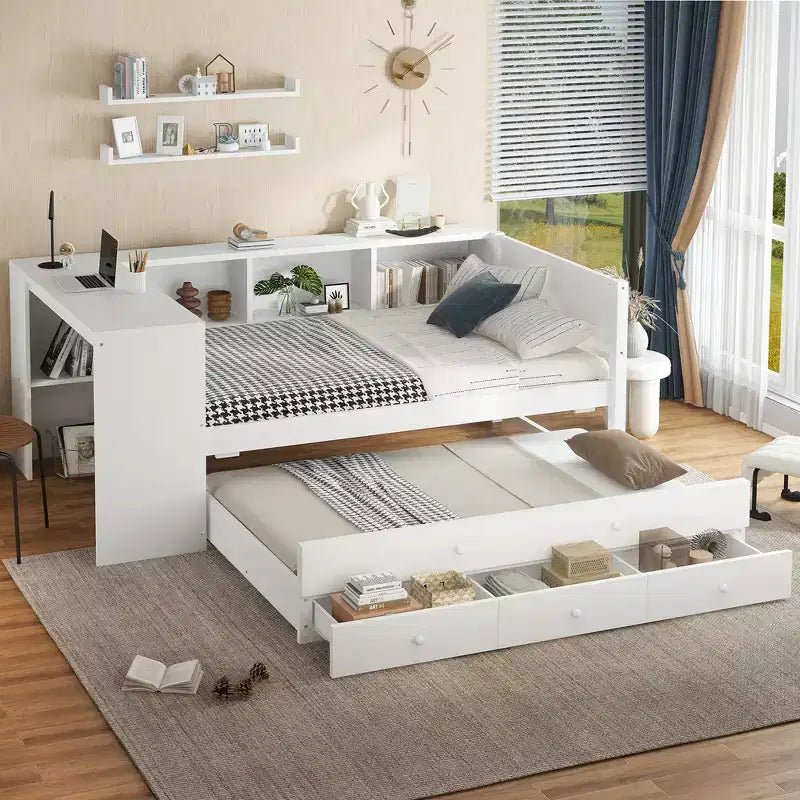 Lit de repos double/grand format avec lit gigogne, cadre de lit en bois avec bureau, tiroirs de rangement et étagères, pas besoin de sommier tapissier