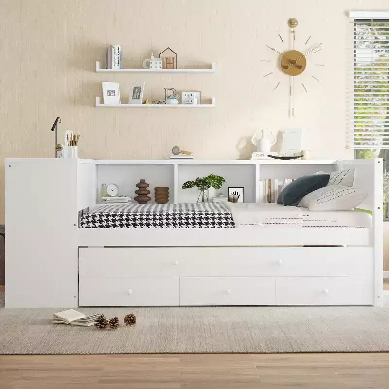 Lit de repos double/grand format avec lit gigogne, cadre de lit en bois avec bureau, tiroirs de rangement et étagères, pas besoin de sommier tapissier
