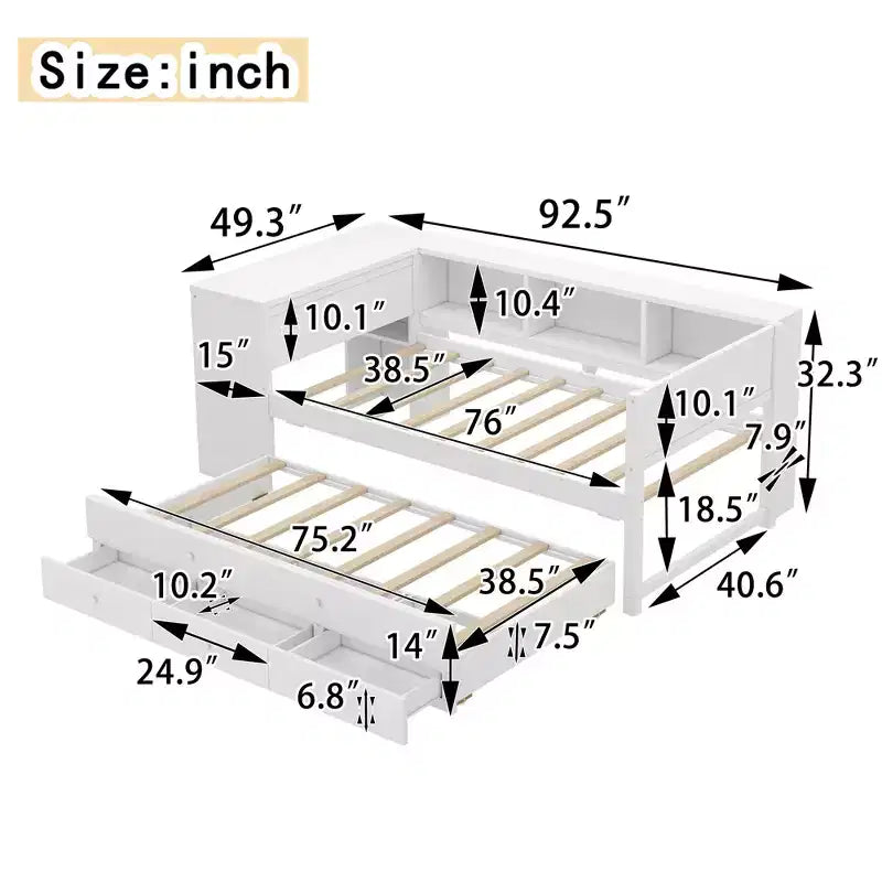 Lit de repos double/grand format avec lit gigogne, cadre de lit en bois avec bureau, tiroirs de rangement et étagères, pas besoin de sommier tapissier