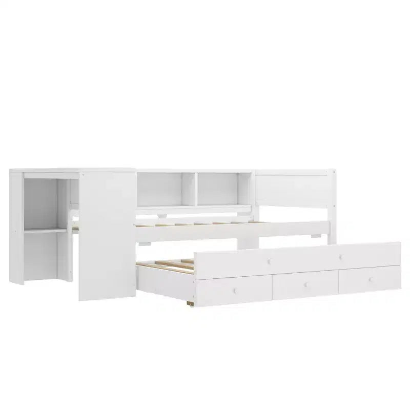 Lit de repos double/grand format avec lit gigogne, cadre de lit en bois avec bureau, tiroirs de rangement et étagères, pas besoin de sommier tapissier