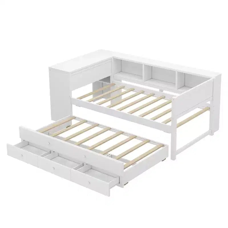 Lit de repos double/grand format avec lit gigogne, cadre de lit en bois avec bureau, tiroirs de rangement et étagères, pas besoin de sommier tapissier