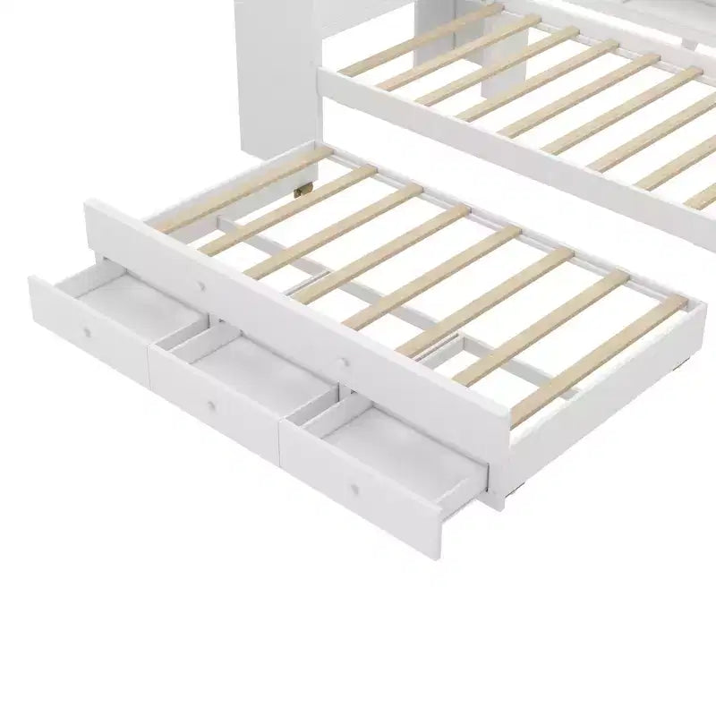 Lit de repos double/grand format avec lit gigogne, cadre de lit en bois avec bureau, tiroirs de rangement et étagères, pas besoin de sommier tapissier