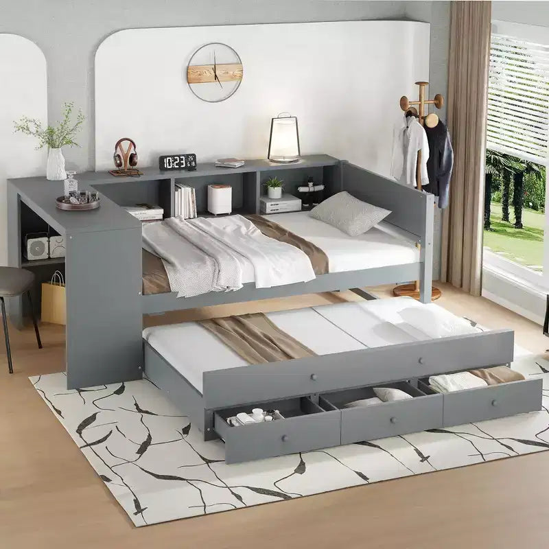 Lit de repos double/grand format avec lit gigogne, cadre de lit en bois avec bureau, tiroirs de rangement et étagères, pas besoin de sommier tapissier