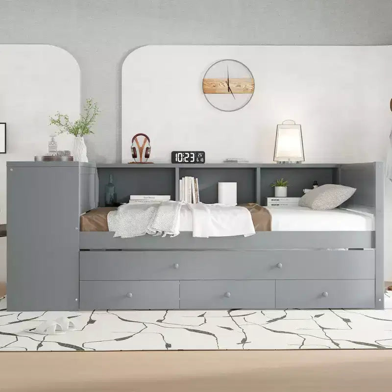 Lit de repos double/grand format avec lit gigogne, cadre de lit en bois avec bureau, tiroirs de rangement et étagères, pas besoin de sommier tapissier