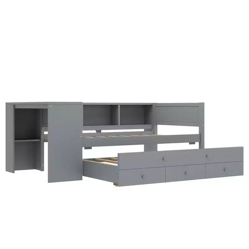 Lit de repos double/grand format avec lit gigogne, cadre de lit en bois avec bureau, tiroirs de rangement et étagères, pas besoin de sommier tapissier
