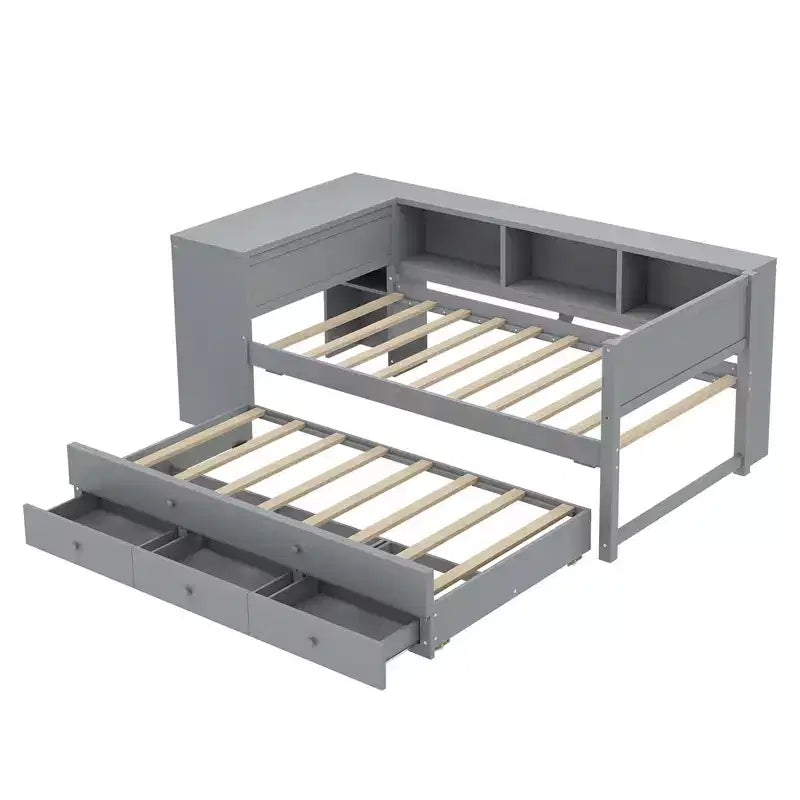 Lit de repos double/grand format avec lit gigogne, cadre de lit en bois avec bureau, tiroirs de rangement et étagères, pas besoin de sommier tapissier