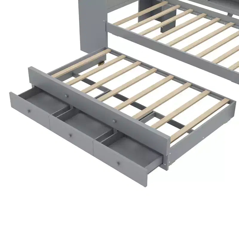 Lit de repos double/grand format avec lit gigogne, cadre de lit en bois avec bureau, tiroirs de rangement et étagères, pas besoin de sommier tapissier