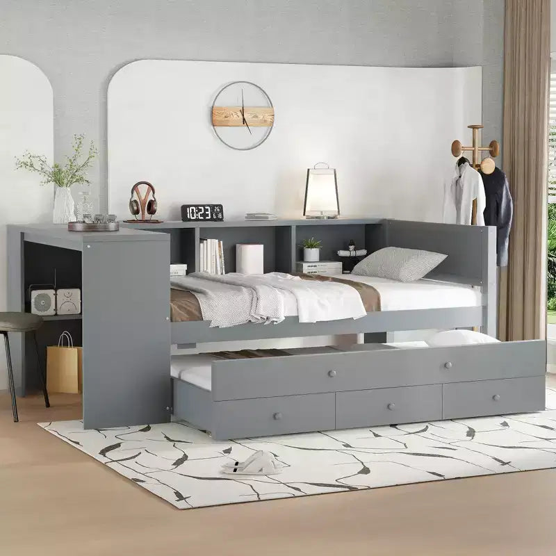 Twin/Full Size Daybed with Trundle, Wood Bed Frame with Desk, Storage Drawers & Shelves, No Box Spring Needed - ModernLuxe