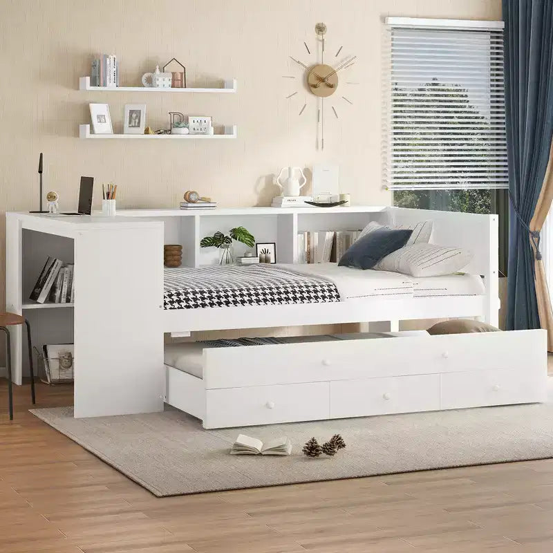 Lit de repos double/grand format avec lit gigogne, cadre de lit en bois avec bureau, tiroirs de rangement et étagères, pas besoin de sommier tapissier