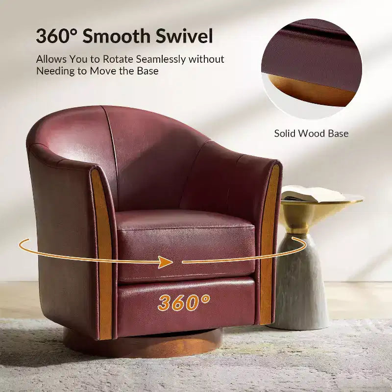 Fauteuil pivotant cylindrique en cuir véritable de style transitionnel avec base en bois massif, lot de 2