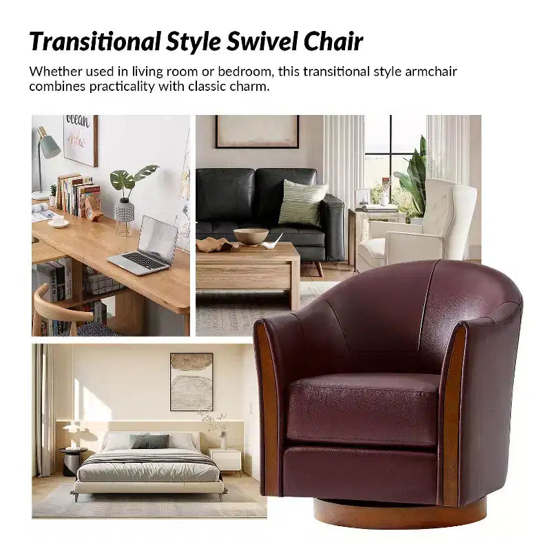 Fauteuil pivotant cylindrique en cuir véritable de style transitionnel avec base en bois massif, lot de 2