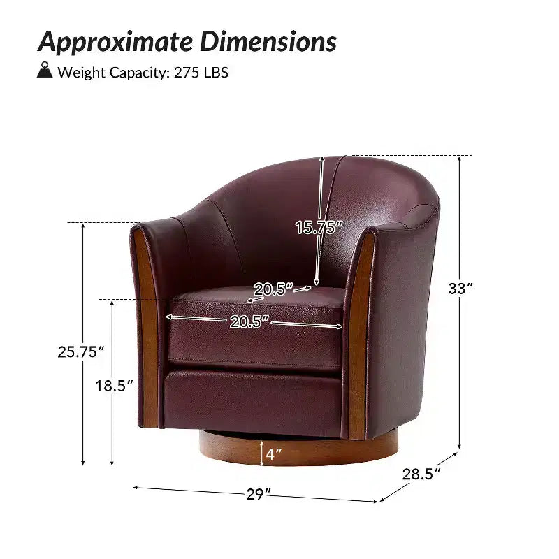 Fauteuil pivotant cylindrique en cuir véritable de style transitionnel avec base en bois massif, lot de 2