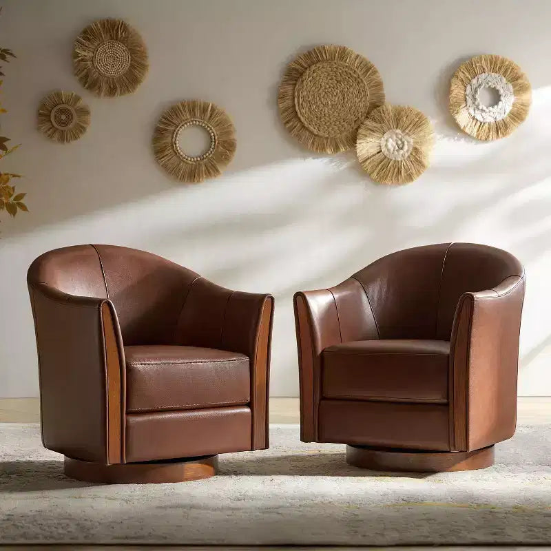 Fauteuil pivotant cylindrique en cuir véritable de style transitionnel avec base en bois massif, lot de 2
