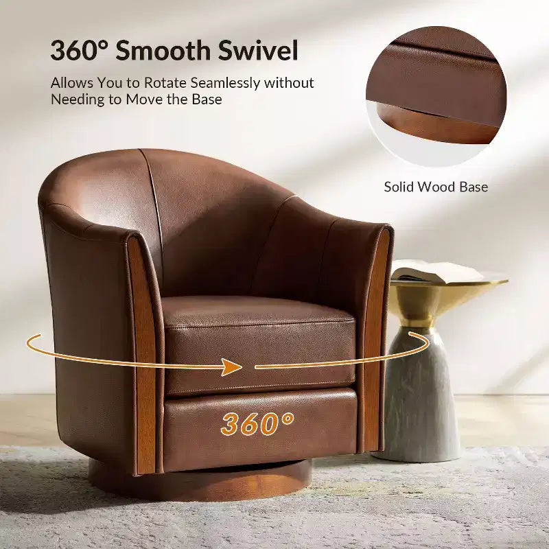 Fauteuil pivotant cylindrique en cuir véritable de style transitionnel avec base en bois massif, lot de 2