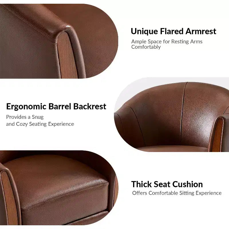 Fauteuil pivotant cylindrique en cuir véritable de style transitionnel avec base en bois massif, lot de 2