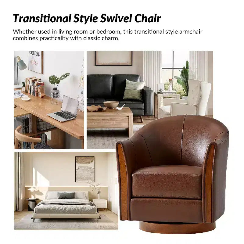 Fauteuil pivotant cylindrique en cuir véritable de style transitionnel avec base en bois massif, lot de 2