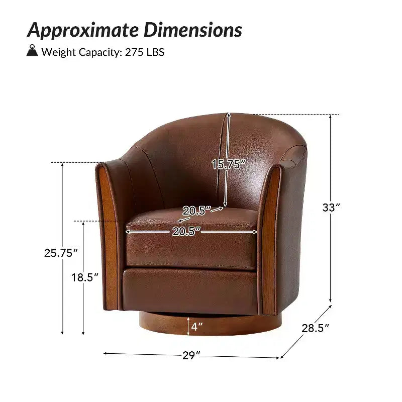 Fauteuil pivotant cylindrique en cuir véritable de style transitionnel avec base en bois massif, lot de 2