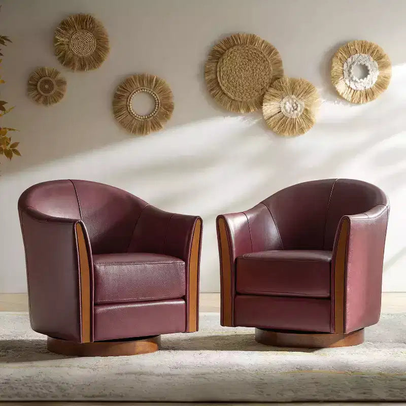 Fauteuil pivotant cylindrique en cuir véritable de style transitionnel avec base en bois massif, lot de 2
