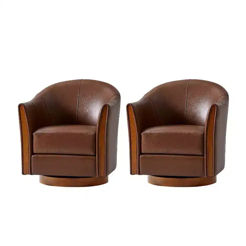 Pocono Transitional Genuine Leather Swivel Barrel Chair With Solid Wood Base Set of 2Artful Living Design