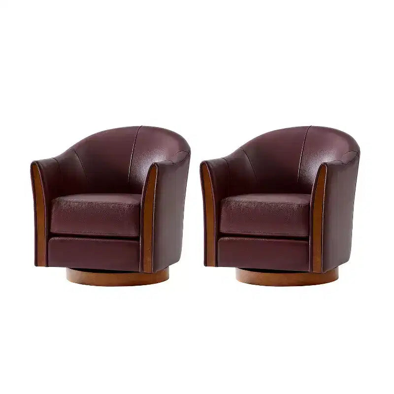 Fauteuil pivotant cylindrique en cuir véritable de style transitionnel avec base en bois massif, lot de 2