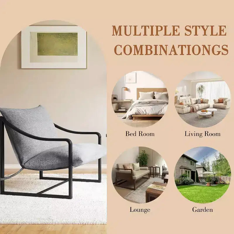 Fauteuil d'appoint moderne, fauteuil de lecture à cadre métallique avec accoudoirs, coussin en mousse souple, chaise longue rembourrée 127 kg pour salon, chambre, salle de détente