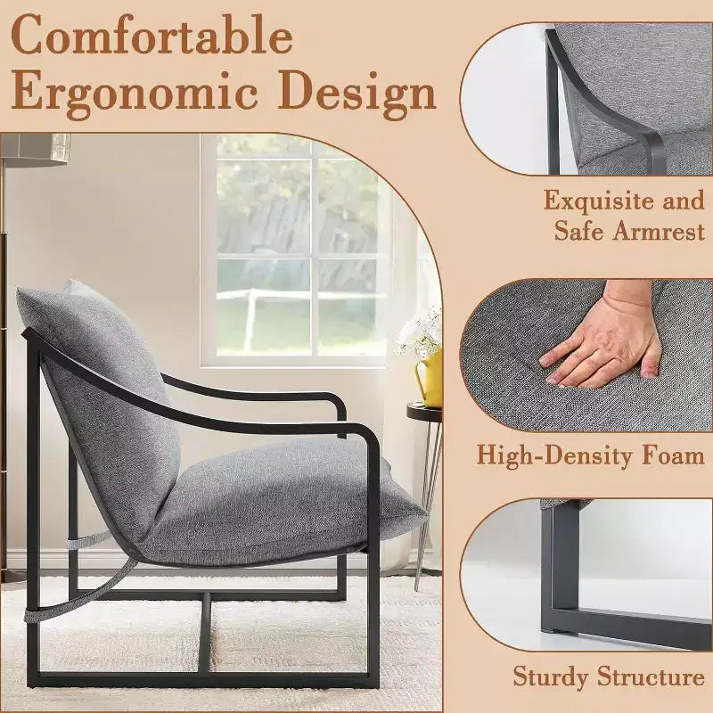 Fauteuil d'appoint moderne, fauteuil de lecture à cadre métallique avec accoudoirs, coussin en mousse souple, chaise longue rembourrée 127 kg pour salon, chambre, salle de détente