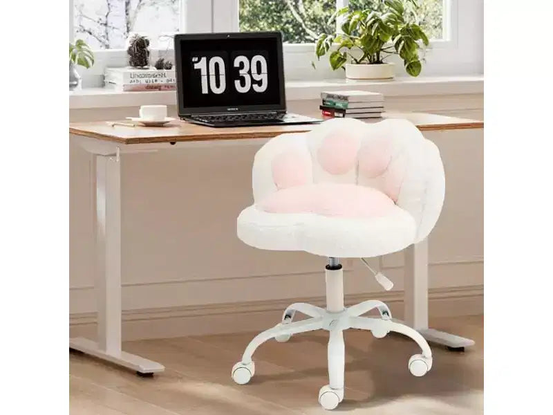 White Cat Paw Rolling Vanity Chair C 360 Swivel Adjustable Height with Plush Cushion & Wheels C For Bedroom, Makeup Room & Home Office