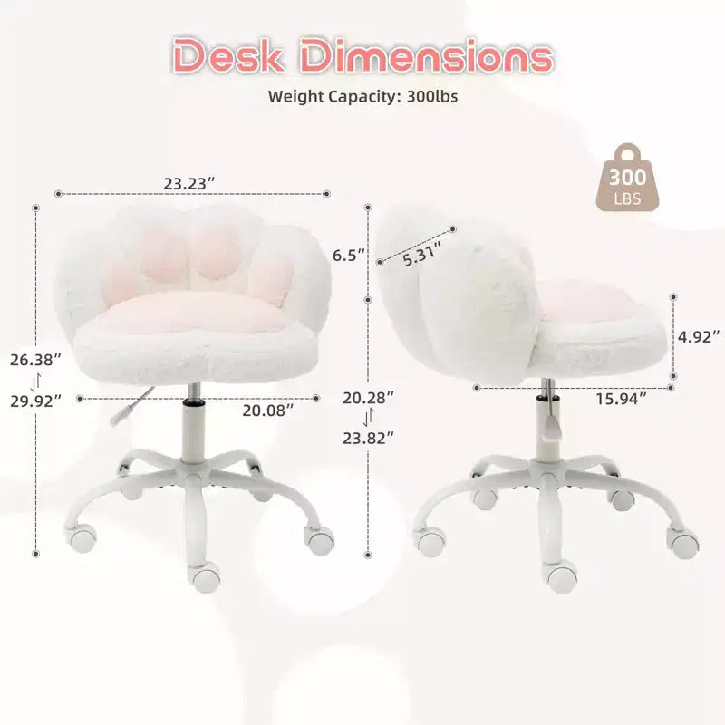 Chaise de bureau pivotante à 360° en forme de patte de chat blanche avec hauteur réglable, coussin moelleux et roulettes – Idéale pour la chambre, la salle de maquillage et le bureau à domicile.