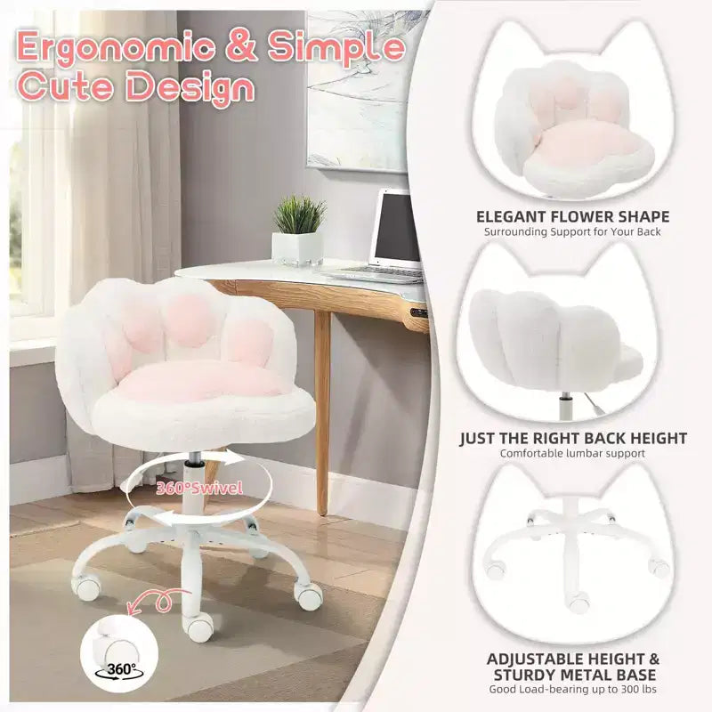 Chaise de bureau pivotante à 360° en forme de patte de chat blanche avec hauteur réglable, coussin moelleux et roulettes – Idéale pour la chambre, la salle de maquillage et le bureau à domicile.
