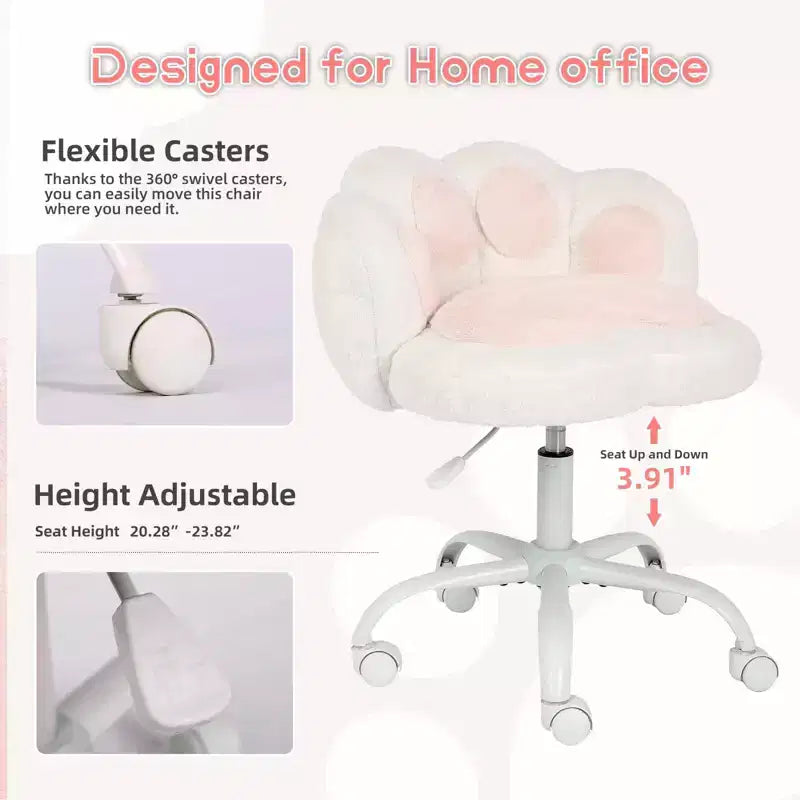 Chaise de bureau pivotante à 360° en forme de patte de chat blanche avec hauteur réglable, coussin moelleux et roulettes – Idéale pour la chambre, la salle de maquillage et le bureau à domicile.