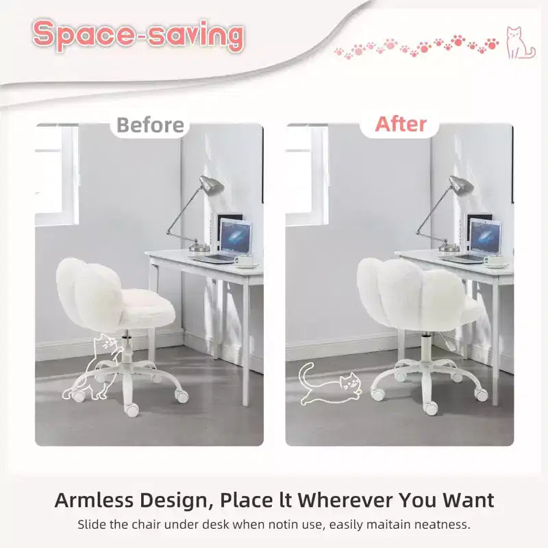 Chaise de bureau pivotante à 360° en forme de patte de chat blanche avec hauteur réglable, coussin moelleux et roulettes – Idéale pour la chambre, la salle de maquillage et le bureau à domicile.