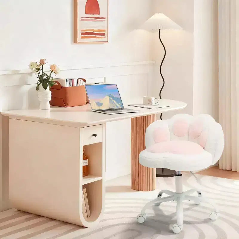 Chaise de bureau pivotante à 360° en forme de patte de chat blanche avec hauteur réglable, coussin moelleux et roulettes – Idéale pour la chambre, la salle de maquillage et le bureau à domicile.